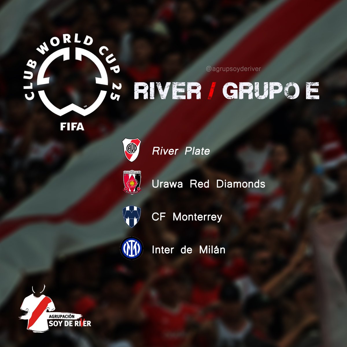 𝗠𝗨𝗡𝗗𝗜𝗔𝗟 𝗗𝗘 𝗖𝗟𝗨𝗕𝗘𝗦
𝗚𝗿𝘂𝗽𝗼 𝗖𝗼𝗻𝗳𝗶𝗿𝗺𝗮𝗱𝗼
Se realizó el sorteo del Mundial de Clubes 2025 y el Millonario ya conoce sus rivales.
•
𝗚𝗿𝘂𝗽𝗼 🅴
𝙍𝙞𝙫𝙚𝙧 𝙋𝙡𝙖𝙩𝙚
Urawa Red Diamonds
CF Monterrey
Inter de Milán