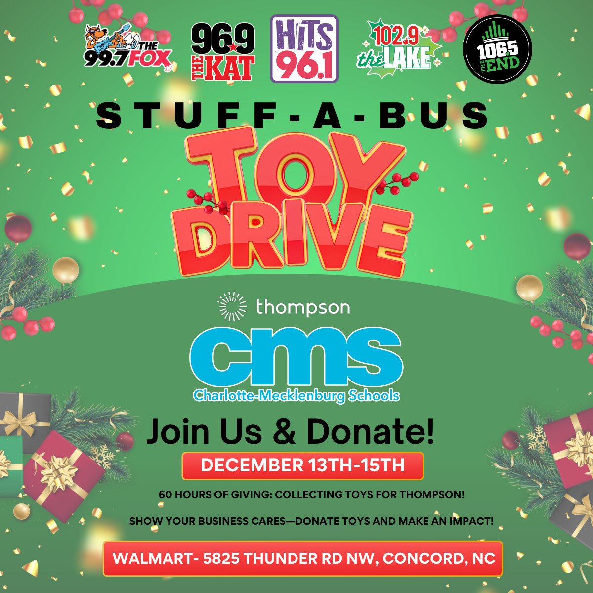Charlotte-Mecklenburg Schools (@charmeckschools) on Twitter photo Stuff-A-Bus Toy Drive is BACK! 🚌🎁 Join <a href="/iHeartRadio/">iHeartRadio</a> for 60 hours of giving! Dec. 13-15 @ Walmart (5825 Thunder Rd, Concord) Let’s fill it up & spread some holiday cheer! #StuffABus #ToyDrive <a href="/997TheFox/">99.7 The Fox</a> <a href="/969thekat/">96.9 The Kat</a> <a href="/HITS961/">HITS 96.1</a> <a href="/1029TheLake/">102.9 The Lake</a> <a href="/1065TheEnd/">106.5 The End</a> <a href="/Thompsoncff/">Thompson CFF</a> Stuff-A-Bus Toy Drive is BACK! 🚌🎁 Join <a href="/iHeartRadio/">iHeartRadio</a> for 60 hours of giving! Dec. 13-15 @ Walmart (5825 Thunder Rd, Concord) Let’s fill it up & spread some holiday cheer! #StuffABus #ToyDrive <a href="/997TheFox/">99.7 The Fox</a> <a href="/969thekat/">96.9 The Kat</a> <a href="/HITS961/">HITS 96.1</a> <a href="/1029TheLake/">102.9 The Lake</a> <a href="/1065TheEnd/">106.5 The End</a> <a href="/Thompsoncff/">Thompson CFF</a>