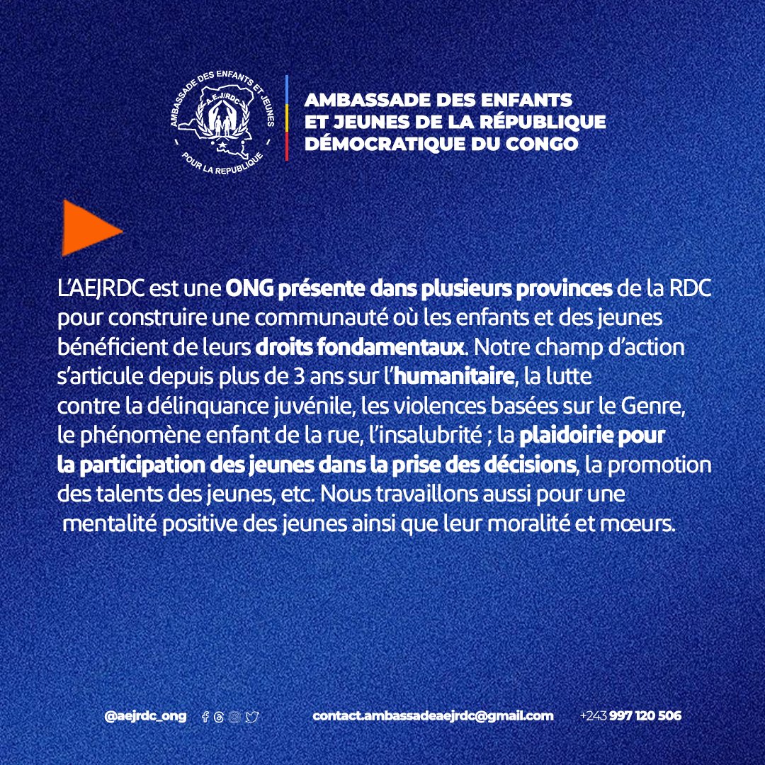 ONG_AEJRDC's tweet photo. 🔎 Qui sommes-nous ? Quels sont nos objectifs ? Et notre champ d'action ?Découvrez l' @ONG_AEJRDC en quelque lignes. Et rejoignez-nous pour une aventure pas prête à être oubliée.

#jeunessecongolaise #emploi #humanitaire #RDCongo https://t.co/HmUoUzKMur
