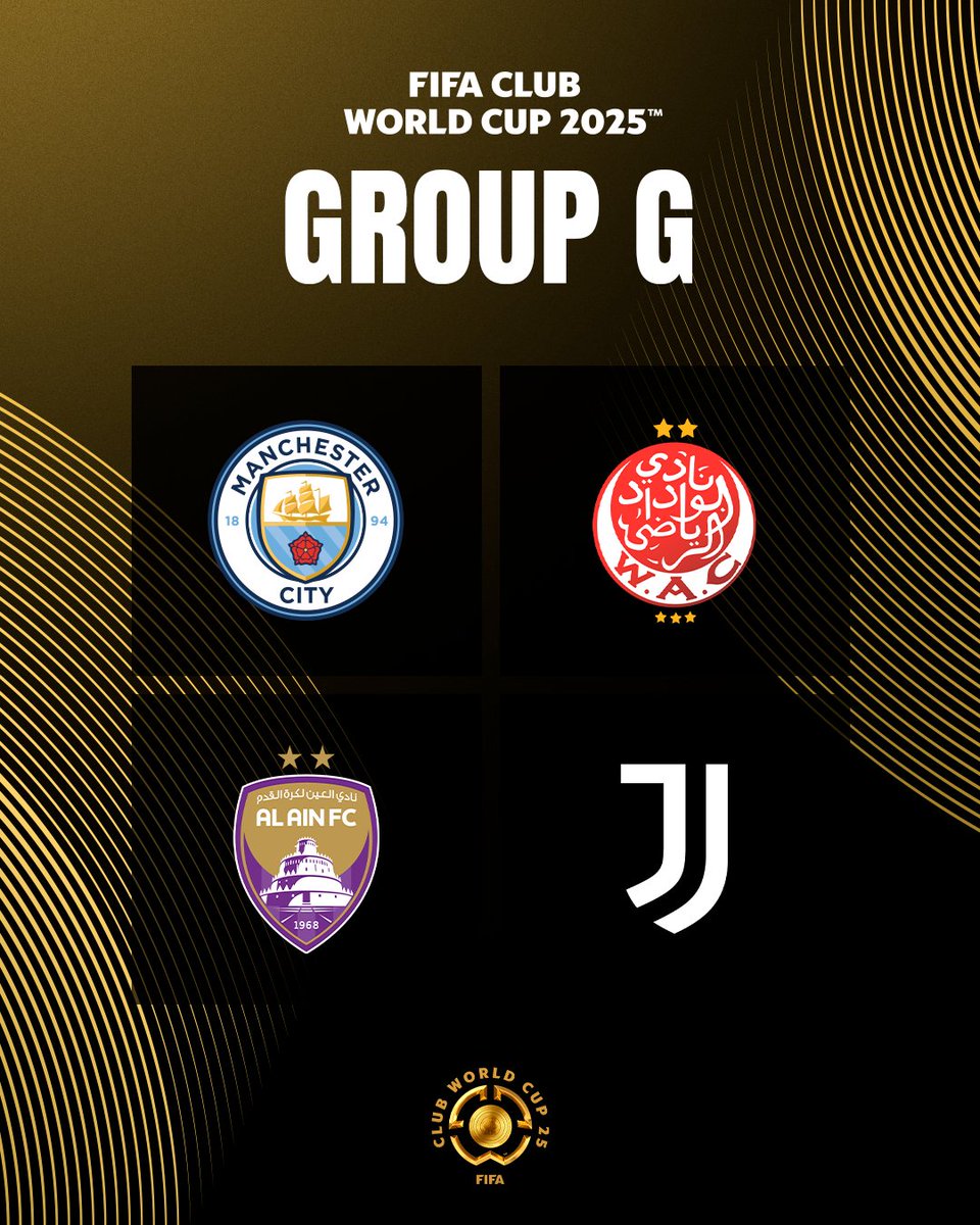 FIFACF's tweet photo. Group G

🏴󠁧󠁢󠁥󠁮󠁧󠁿 @ManCity
🇲🇦 @WACofficiel
🇦🇪 @alainfcae
🇮🇹 @JuventusFC

#TakeItToTheWorld | #FIFACWC https://t.co/vaSenRd66Y