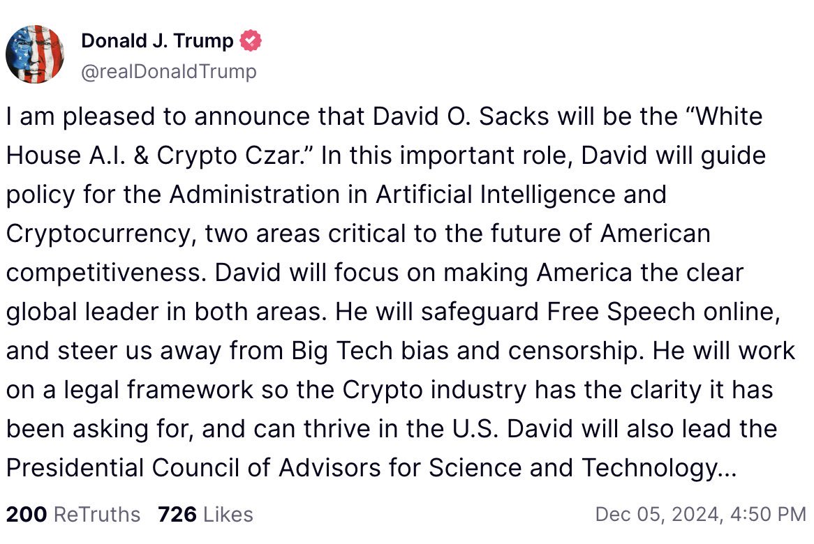 Wow, big role. Congrats <a href="/DavidSacks/">David Sacks</a> !