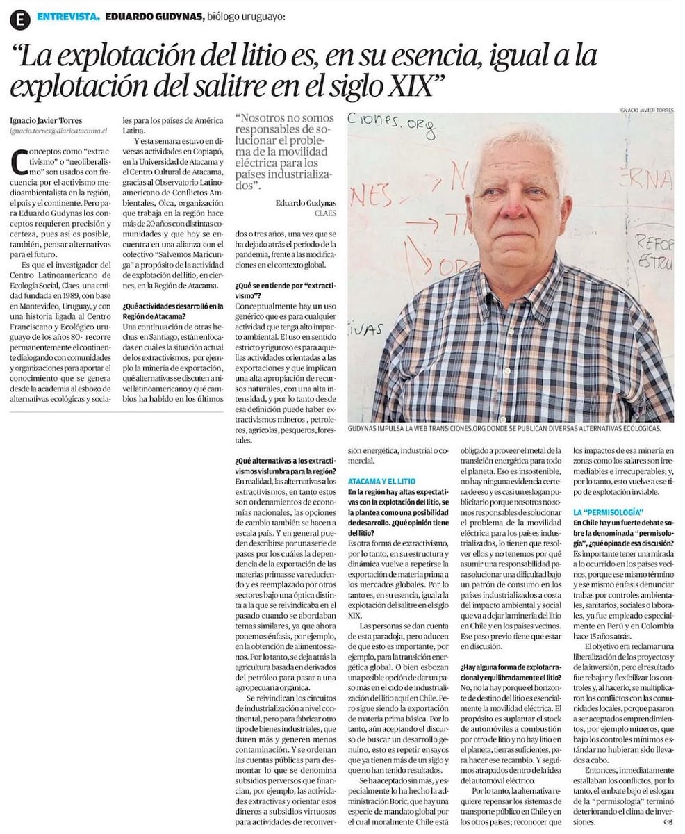La explotación de litio es repetir el extractivismo del siglo XIX. Me entrevistaron en Diario Atacama en Chile: