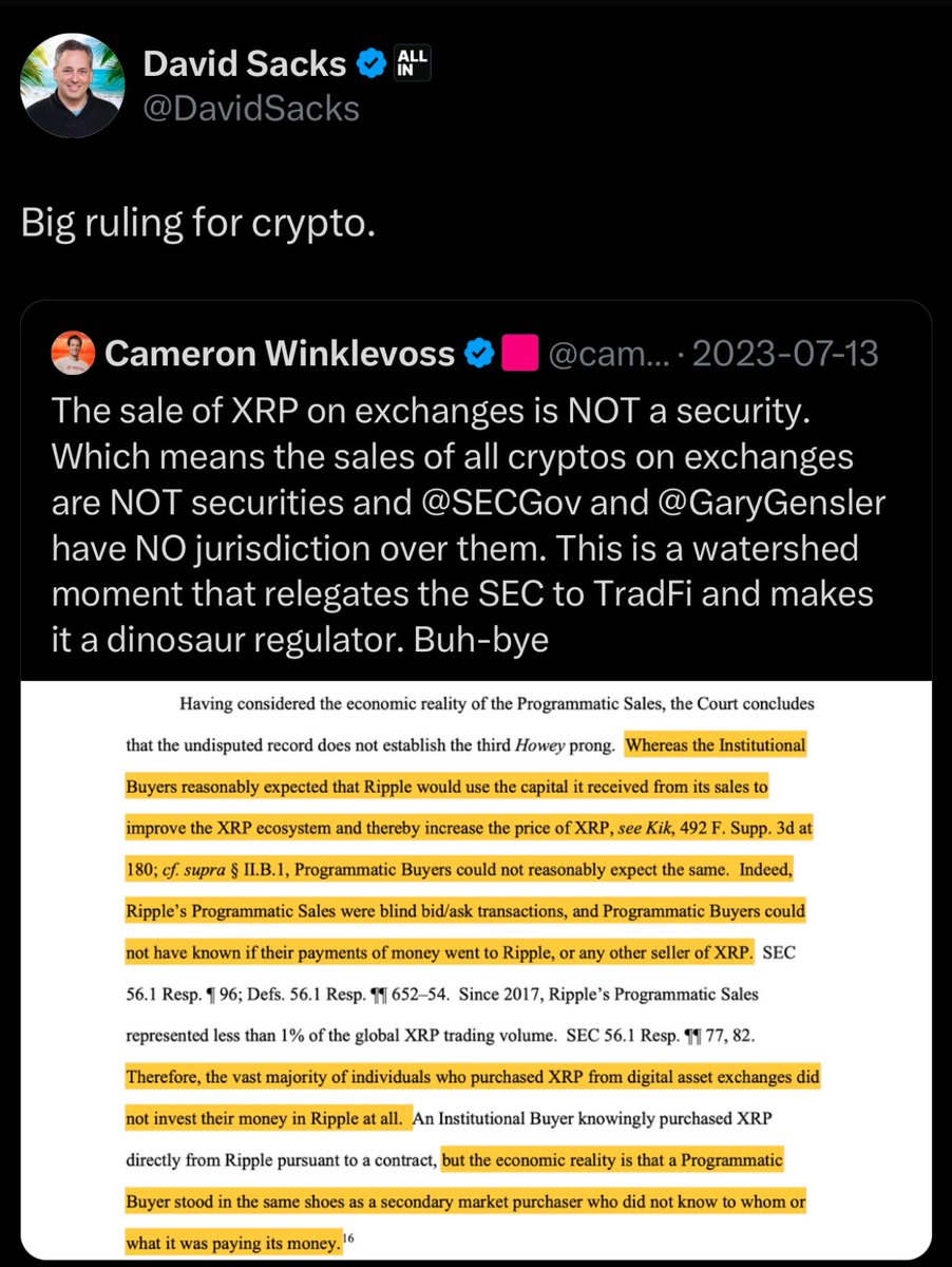The new white House #crypto and AI Czar @DavidSacks Has been watching the  Ripple XRP Case ✓