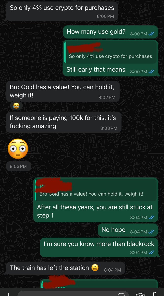 vikrantnyc's tweet photo. I told this guy 10-11 years ago to buy #bitcoin.  He never listened.  Messaged me today.   He still doesn’t get it. https://t.co/OZgsCVcPNO