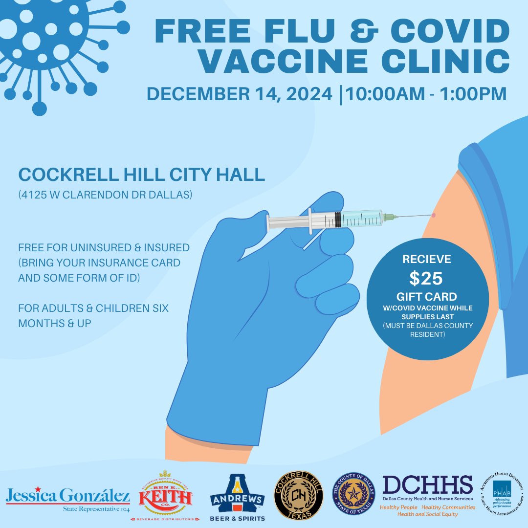 Get your FREE Flu and COVID-19 Vaccines at Cockrell Hill City Hall on December 14, 2024, from 10 AM to 1 PM! 💉Receive a $25 gift card (while supplies last) for COVID-19 vaccines for adults and children 6 months and up.  Stay healthy and protected!😁