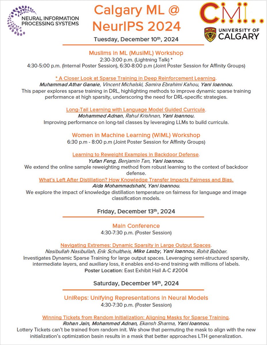 I'm proud that the <a href="/UCalgaryML/">Calgary ML Lab</a> lab will have 6 different works being presented by 6 students across #NeurIPS2024, in workshops (<a href="/unireps/">UniReps</a>, <a href="/WiMLworkshop/">WiML</a>, MusiML) and the main conference! 🎉

Hope to see you at our posters/talks 🤓, full schedule at calgaryml.com

🧵(1/4)