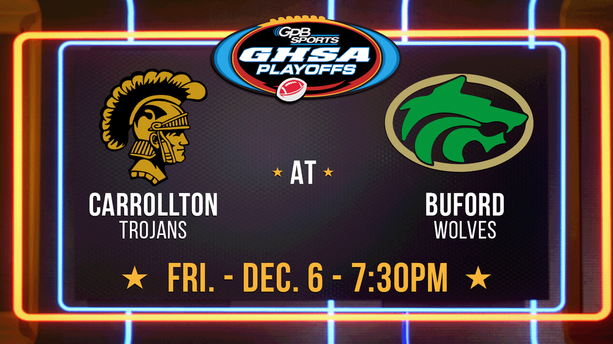 GPB Sports (@gpbsports) on Twitter photo We are 24 hours 🕢 away from the <a href="/Carrollton_High/">Trojan Football</a> vs. <a href="/buford_football/">Buford Football</a> 6A semifinal playoff matchup!
Who will make it to the Benz? Tune in on GPB-TV to find out 🏈 | #GPBSports We are 24 hours 🕢 away from the <a href="/Carrollton_High/">Trojan Football</a> vs. <a href="/buford_football/">Buford Football</a> 6A semifinal playoff matchup!
Who will make it to the Benz? Tune in on GPB-TV to find out 🏈 | #GPBSports
