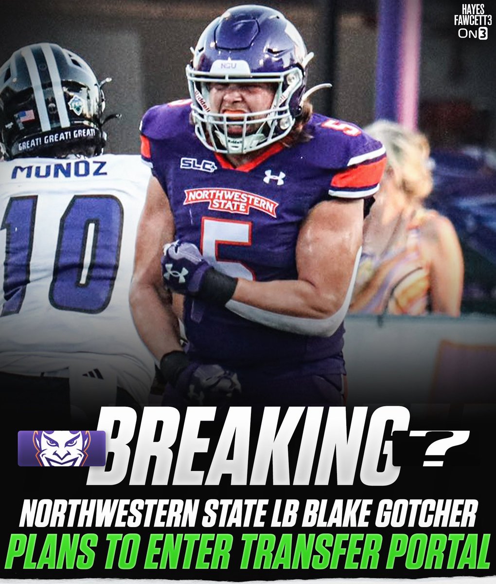 Hayes Fawcett (@hayesfawcett3) on Twitter photo BREAKING: Northwestern State standout LB Blake Gotcher plans to enter the Transfer Portal, per his agency <a href="/3strandsports/">3 Strand Sports & Entertainment</a>
The 6’1 225 LB totaled 162 Tackles (leads FBS & FCS), 4.5 Sacks, 10 TFL, 2 FF, & 1 INT this year
1 year of eligibility remaining
on3.com/transfer-porta… BREAKING: Northwestern State standout LB Blake Gotcher plans to enter the Transfer Portal, per his agency <a href="/3strandsports/">3 Strand Sports & Entertainment</a>
The 6’1 225 LB totaled 162 Tackles (leads FBS & FCS), 4.5 Sacks, 10 TFL, 2 FF, & 1 INT this year
1 year of eligibility remaining
on3.com/transfer-porta…