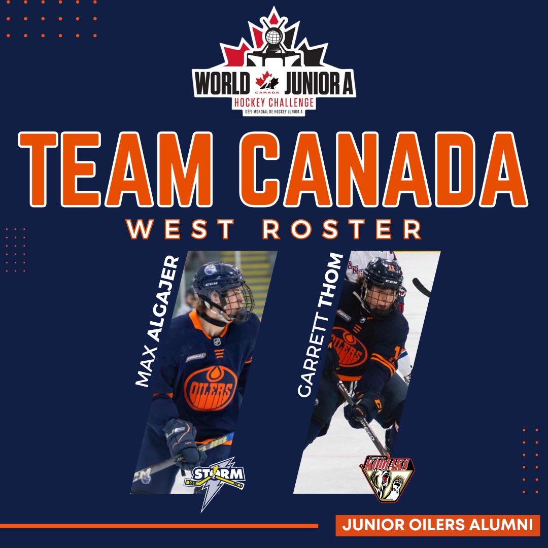 Congratulations to our Blue alumni, Max Algajer and Garrett Thom, on making the Canada West roster for the 2024 Junior A World Challenge! Proud to see you representing at this elite level. Your Junior Oilers family is cheering you on! 

#BeAnOiler #JuniorAWorldChallenge