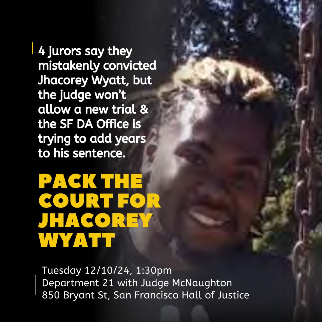 ACDAATable's tweet photo. 4 jurors say they mistakenly convicted Jhacorey Wyatt but the judge won’t allow a new trial &amp; @SFDAOffice is trying to add years to his sentence. A video from @sfdefender Adachi Project reveals the impact of incarceration on his family. #BringJhacoreyHome
https://t.co/KoYWwq4foi https://t.co/8RGaoROSPM