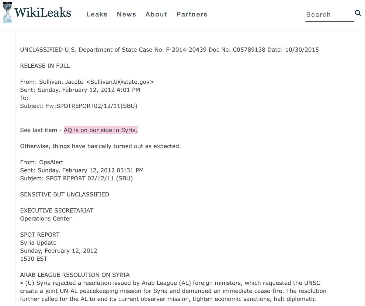 Partisangirl's tweet photo. Wikileaks Cables : Jake Sullivan to Hillary Clinton. 

"AlQaeda is on our side in Syria. Otherwise, things have basically turned out as expected".

You're either with us or you're with the terrorists, and i'm talking about the United States government https://t.co/waDE2pi7Js