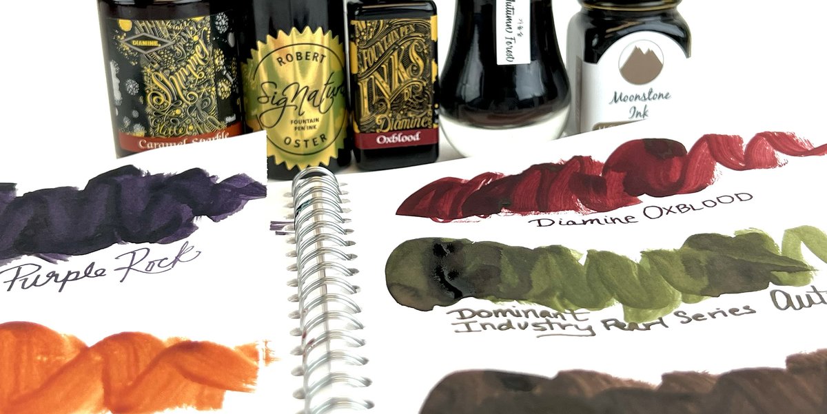 PenChalet's tweet photo. This week's ink review is in response to a request from Emily K for a green/brown ink called "forest" that aren't SUPER green! Read the Dominant Industry Autumn Forest ink review, and see what you think: https://t.co/nI2yvmqxKO #DominantIndustry #InkReview #PenChalet #Review #Ink #FountainPenInk #GreenInk #BrownInk #AutumnForest