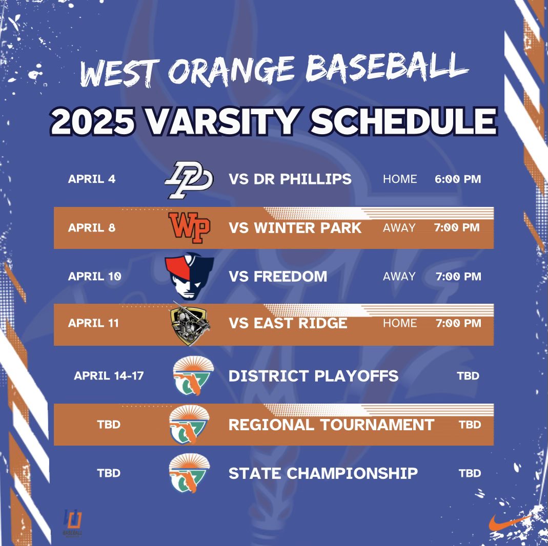 We’re excited to share the 2025 West Orange Varsity Baseball Schedule!

This season is packed with great competition, and we can’t wait to see all of the hard work pay off. From big home games to key matchups on the road, the boys are ready to compete and represent Warrior
