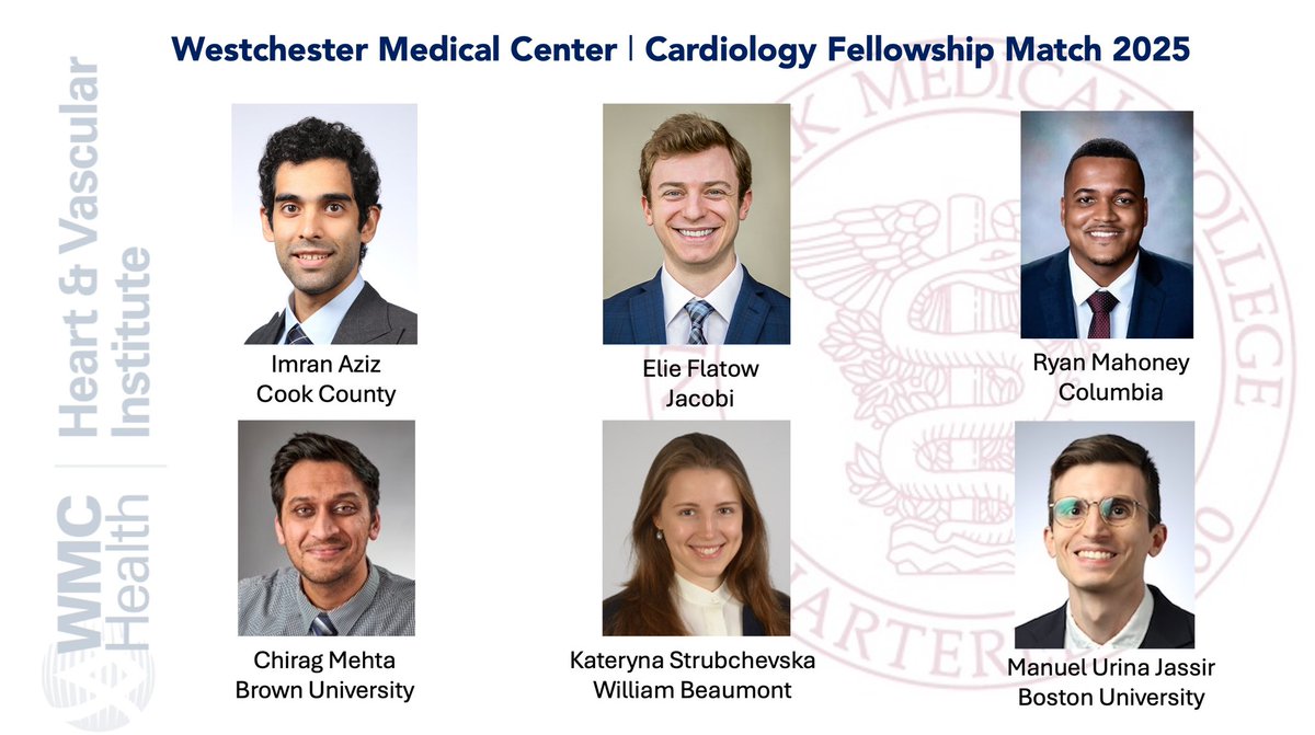Westchester Medical Center Cardiology Fellowship (@wmccardsfellows) on Twitter photo Thrilled to announce our Class of 2025 🎉
Cannot wait to work with this extraordinary group of cardiology fellows ⭐️
<a href="/ImranAziz96/">Imran Aziz</a> <a href="/rmahoney14/">Ryan Mahoney</a> <a href="/elie_flatow/">Elie Flatow</a> <a href="/KStrubchevska/">Kateryna Strubchevska</a> <a href="/UrinaJassirMD/">Manuel Urina Jassir, MD</a> Thrilled to announce our Class of 2025 🎉
Cannot wait to work with this extraordinary group of cardiology fellows ⭐️
<a href="/ImranAziz96/">Imran Aziz</a> <a href="/rmahoney14/">Ryan Mahoney</a> <a href="/elie_flatow/">Elie Flatow</a> <a href="/KStrubchevska/">Kateryna Strubchevska</a> <a href="/UrinaJassirMD/">Manuel Urina Jassir, MD</a>