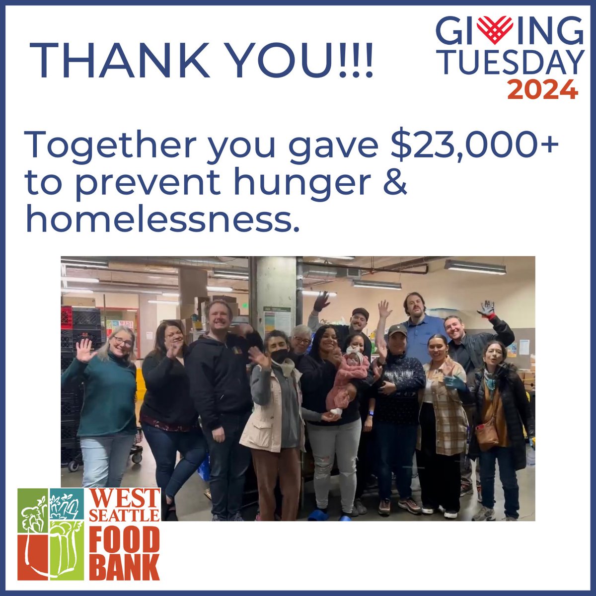 WSFoodBank's tweet photo. THANK YOU to everyone who gave on Giving Tuesday yesterday! This year, we raised over $23,000 to prevent hunger &amp; homelessness in the community. Your generosity &amp; community spirit will help our neighbors who are facing difficulties this winter. From all of us at WSFB: Thank you! https://t.co/hr0oEQlAl5