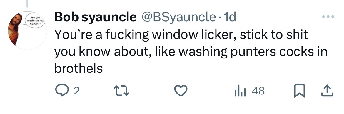 ws_casper's tweet photo. @BSyauncle @9_Moley Pot kettle black… cunt 🤪 https://t.co/y7W5yWLPsZ