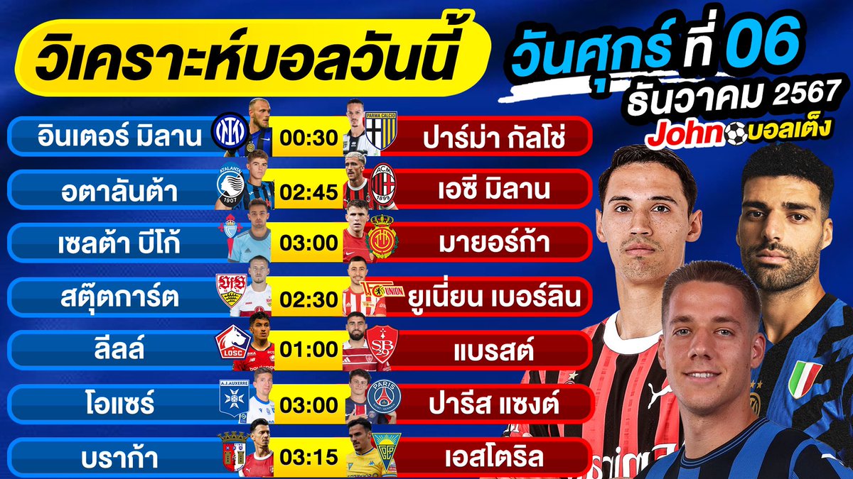 johnballteng444's tweet photo. วิเคราะห์บอลวันนี้ วัน ศุกร์ ที่ 6 ธันวาคม 67 บอลเต็ง #ทีเด็ดบอลวันนี้  บอลยูฟ่าฯ By #จอห์นบอลเต็ง 
ขอรับทีเด็ดรายวันฟรี แอดไลน์ ID @jbt888
เพิ่มเพื่อนคลิ๊ก 🔴 https://t.co/Ej04qaR9aQ
-----------------------
ขอเข้ากลุ่มทีเด็ดจอห์น john555
กดดูรายละเอียด https://t.co/fSDpOZTmRE
-----------------------

รับชมคลิป 🏆 https://t.co/PyNJBN2NIK

#อินเตอร์มิลาน พ�� #ปาร์ม่า
#อตาลันต้า พบ #เอซีมิลาน
#เซลต้า บีโก้ พบ #ม��ยอร์ก้า
#สตุ๊ตการ์ต พบ #ยูเนี่ยนเบอร์ลิน
#ลีลล์ พบ #แบรสต์
#โอแซร์ พบ #ปารีสแซงต์ฯ
#บราก้า พบ #เอสโตริล