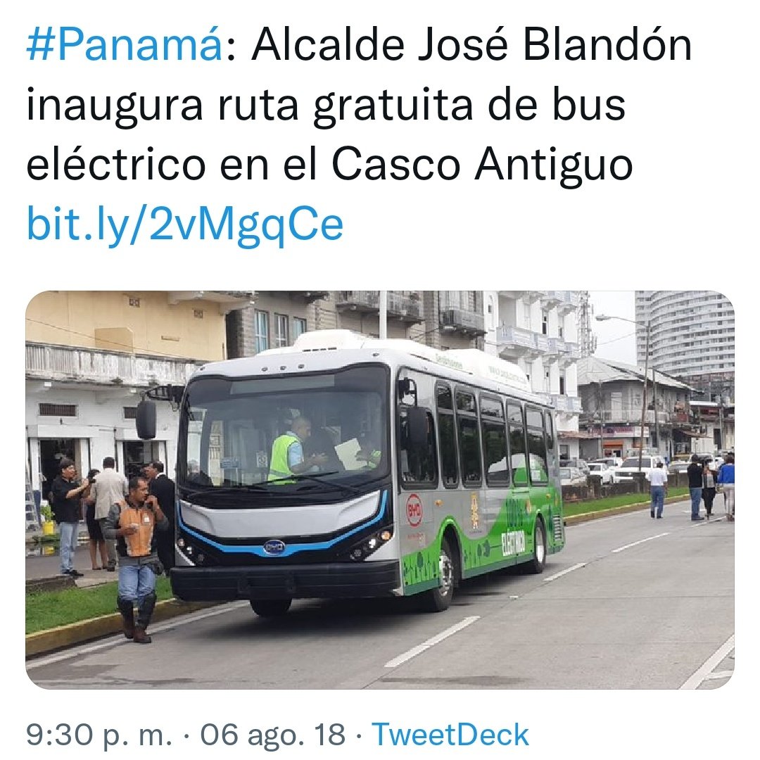 BlandonJose's tweet photo. En nuestro período, con el apoyo de la empresa @BYDelectricoPTY hicimos un plan piloto de una ruta de transporte público en el Casco Antiguo con un bus eléctrico. El experimento fue un éxito.  En el Gobierno pasado se anunció licitación para adquirir buses eléctricos y hacer una ruta permanente. Como muchas otras cosas en la administración Cortizo, quedó en nada. ¿Se retomará ahora?
