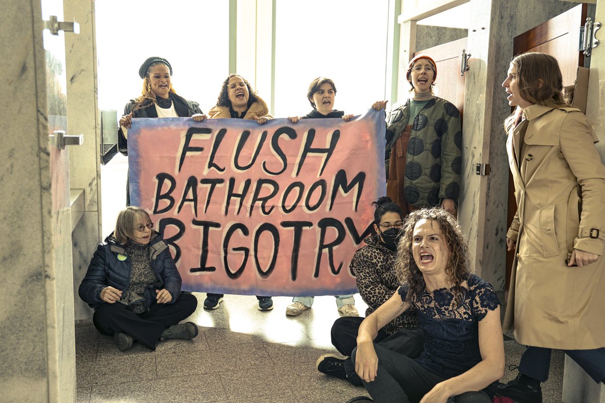 RBraceySherman's tweet photo. Today I was arrested for the first time alongside my comrades with @genderlib4all. Bathroom bans are bullshit and Democrats need to grow a spine. Trans lives are on the line. https://t.co/MLdRpZiH8e