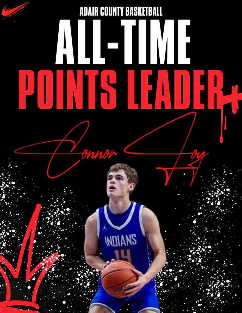 Connor Loy is now the Adair County Indians all time leading scorer surpassing 17 graduate Chance Melton. Loy surpassed the 2,313 total on Tuesday Night and currently has 2,332 total points.