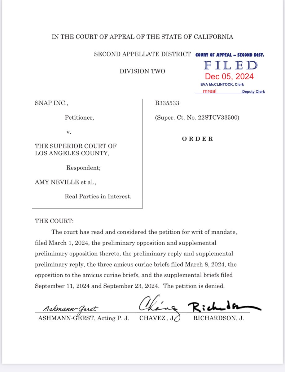Gretchen Peters (@gretchenspeters) on Twitter photo Huge news in the tech litigation space. The CA Appeals Court has denied @snapchat's petition to dismiss Neville v Snap. Now the case moves into discovery. <a href="/ANFHelp/">Alexander Neville Foundation</a> <a href="/stoptheVOID/">VOID "Victims Of Illicit Drugs"</a> <a href="/SMHWebEditor/">socialmediaharms.org</a> Huge news in the tech litigation space. The CA Appeals Court has denied @snapchat's petition to dismiss Neville v Snap. Now the case moves into discovery. <a href="/ANFHelp/">Alexander Neville Foundation</a> <a href="/stoptheVOID/">VOID "Victims Of Illicit Drugs"</a> <a href="/SMHWebEditor/">socialmediaharms.org</a>