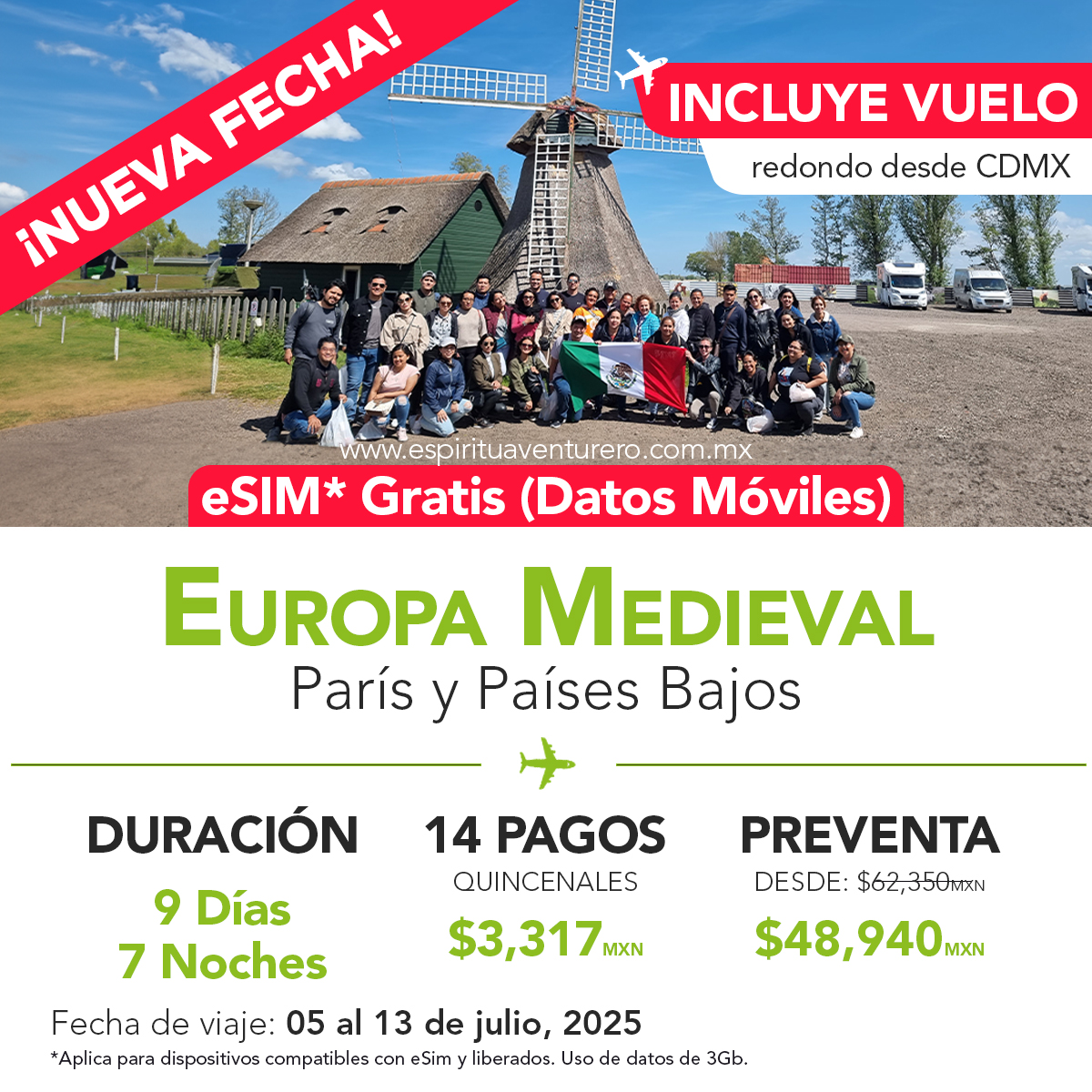 🌍✨ ¿Listo para explorar la Europa medieval con nuestro nuevo TOUR ESPECIAL? 🏰✈️

📅 *Viaja del:* 05 al 13 de julio del 2025
ℹ️ *INFO AQUÍ* esav.link/y0            
📅 *Vigencia:* Reserva antes del 10 de diciembre, 2024
💰 *Tarifa regular:* $62,350 pesos
💸 *Tarifa