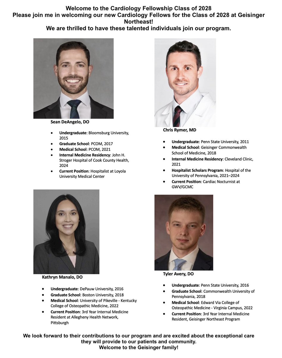 We’re excited to announce the talented new additions to our Cardiology Fellowship Class of 2028 at Geisinger Northeast! Welcome to the team! #CardiologyFellowship #Cardiology