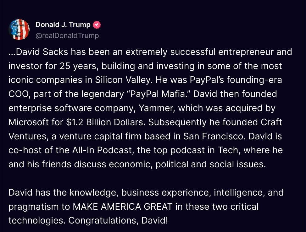 Trump announces <a href="/DavidSacks/">David Sacks</a> will be the crypto czar