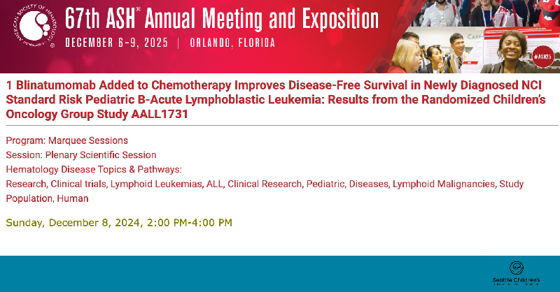 seattlechildren's tweet photo. #ASH24 attendees! Don’t miss @RachelRau3 presenting research that’s shaping the standard of care for pediatric #leukemia.

Learn more at today’s Plenary Scientific Session about this study out of @SeattleChildren, @SickKidsNews and @COGorg