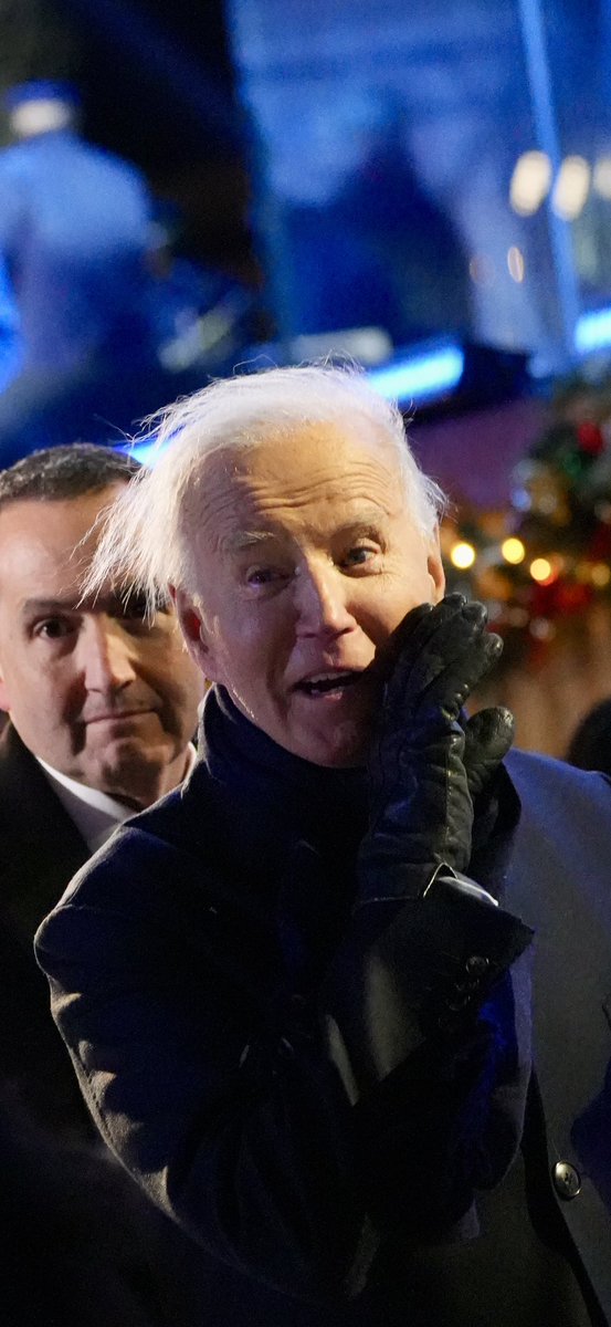 PenguinSix's tweet photo. As he left the National Christmas Tree lighting, @POTUS removed his stocking cap, bent over to look at the press and then asked “you’re still here?”  It was very cold and windy tonight. https://t.co/d2NIXTzdXM