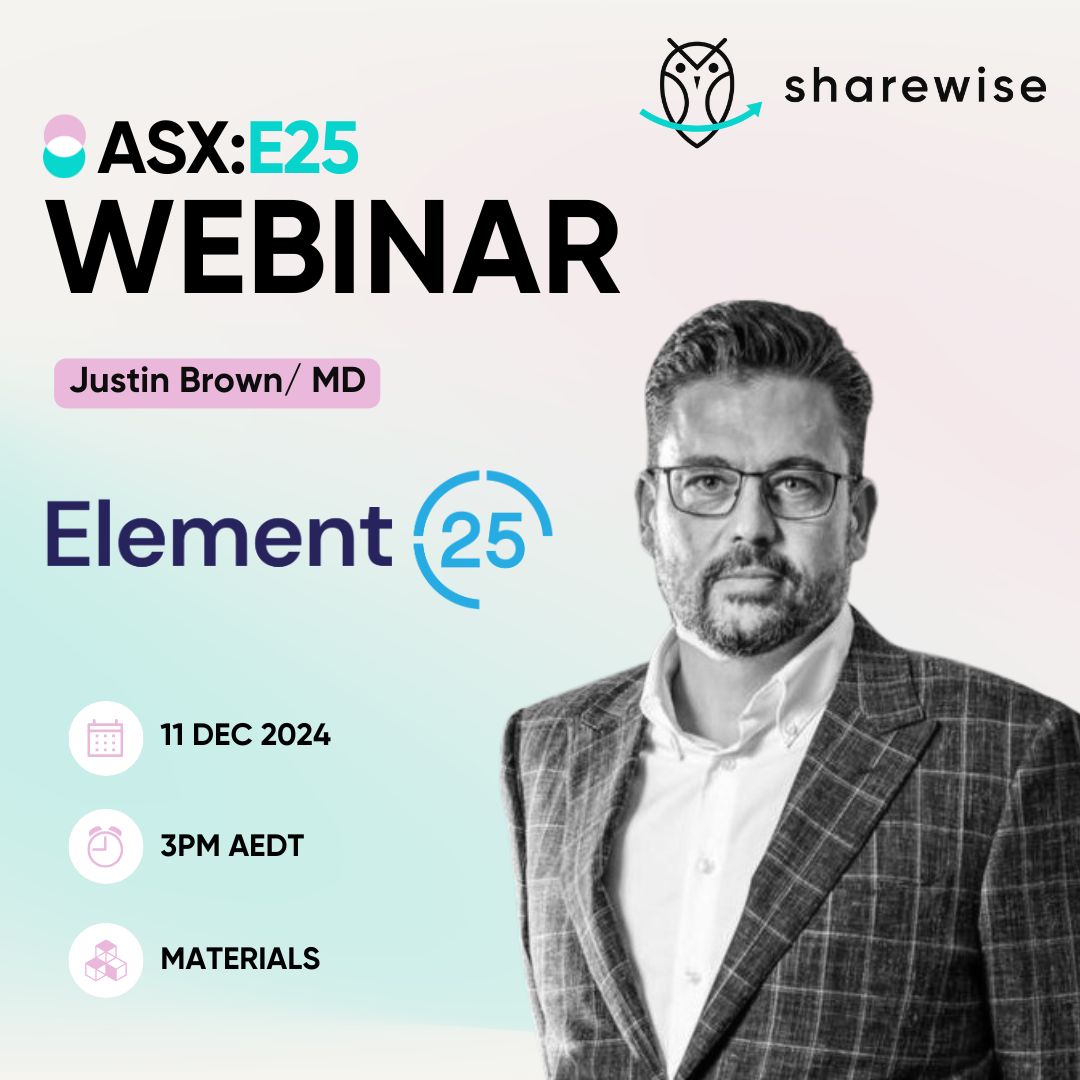 Element25Ltd's tweet photo. Join Managing Director, Justin Brown when he joins @sharewiseau on 11 December at 3pm AEDT.
The webinar will commence with a presentation, followed by a live Q&A providing you the opportunity to ask questions.
Register now: https://t.co/xVMTxyzQQ9
#ASX #E25 #Element25 #manganese