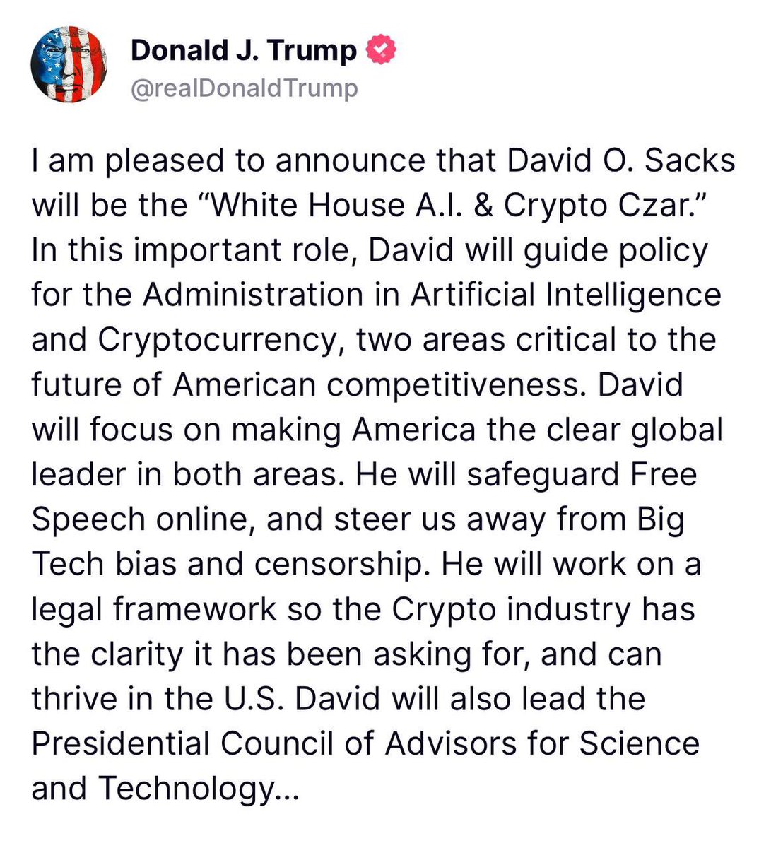 BREAKING: Trump just nominated David Sacks “White House AI &amp; Crypto Czar”

Congrats <a href="/DavidSacks/">David Sacks</a>!