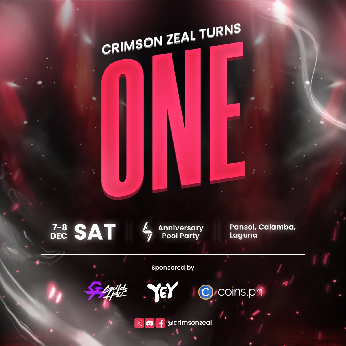 Crimson Zeal (@crimsonzealgg) on Twitter photo Crimson Zeal is turning ONE tomorrow! ๐
Join us for a Pool Party packed with fun, food, drinks, and exciting surprises!
This event is sponsored by <a href="/GuildsHall/">Guilds Hall ๐๏ธ๐ช</a>, <a href="/YEYtechnologies/">YEY ๐ค</a>, and <a href="/coinsph/">Coins.ph</a> 
See you there, Zeals! Crimson Zeal is turning ONE tomorrow! ๐
Join us for a Pool Party packed with fun, food, drinks, and exciting surprises!
This event is sponsored by <a href="/GuildsHall/">Guilds Hall ๐๏ธ๐ช</a>, <a href="/YEYtechnologies/">YEY ๐ค</a>, and <a href="/coinsph/">Coins.ph</a> 
See you there, Zeals!