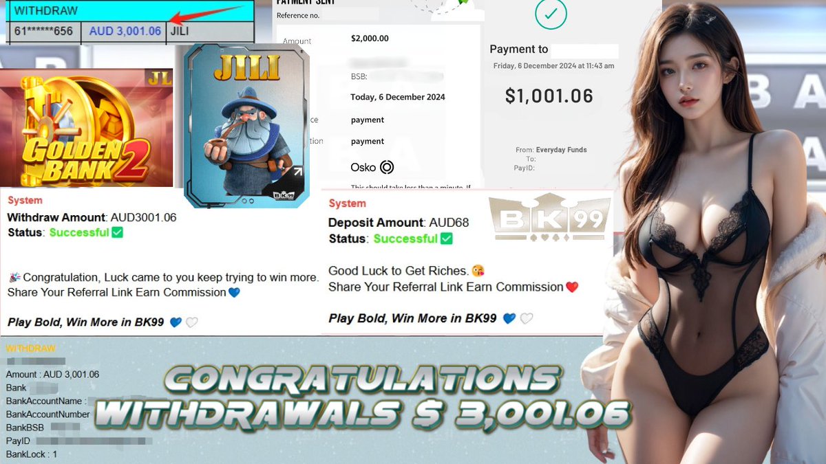 Bk01135350868's tweet photo. 🩵𝐁𝐊𝟗𝟗 LUCKY MEMBER WITHDRAW🤍
💵DEPOSIT AMOUNT : AUD 68
💵WITHDRAW AMOUNT : AUD 3001.06
🕹PLATFORM : JILI
🕹GAME : GOLDEN BANK 2
🎊"Play Bold, Win Big With 𝐁𝐊𝟗𝟗"🎊
🌐24Hours Customer Service https://t.co/0Zyn5mOBFM
🌐Register Now https://t.co/A34MPH0XXP https://t.co/EEHLHRcp0h