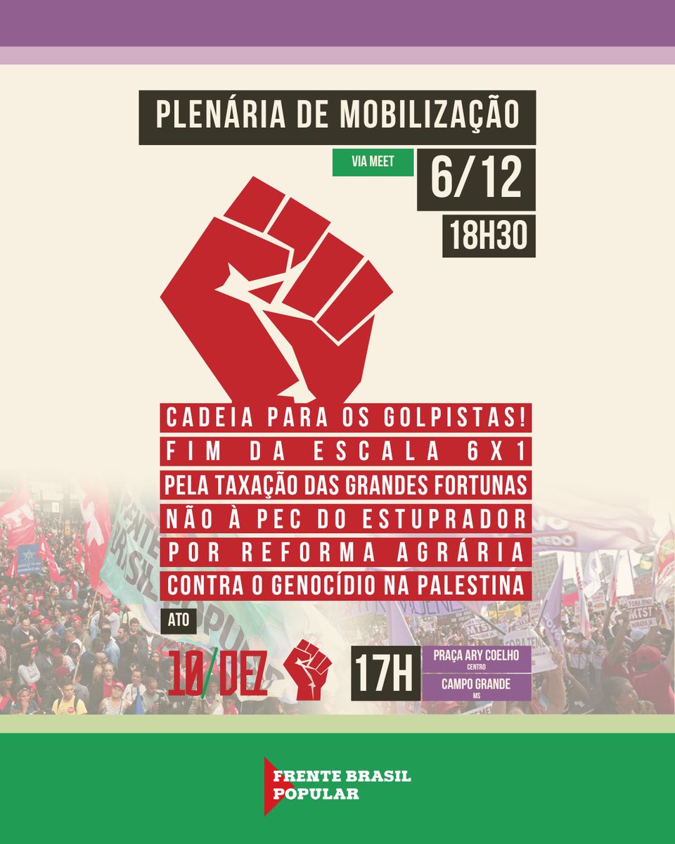 MsFrente's tweet photo. Junte-se a nós em defesa da democracia, por cadeia para os golpistas e conspiradores do 8 de janeir. Movimentos sociais, sindicatos, partidos democráticos e populares estão construindo essa iniciativa em todo o país para o próximo dia 10/12.

Participe da plenária de mobilização https://t.co/ajM1t22BJL