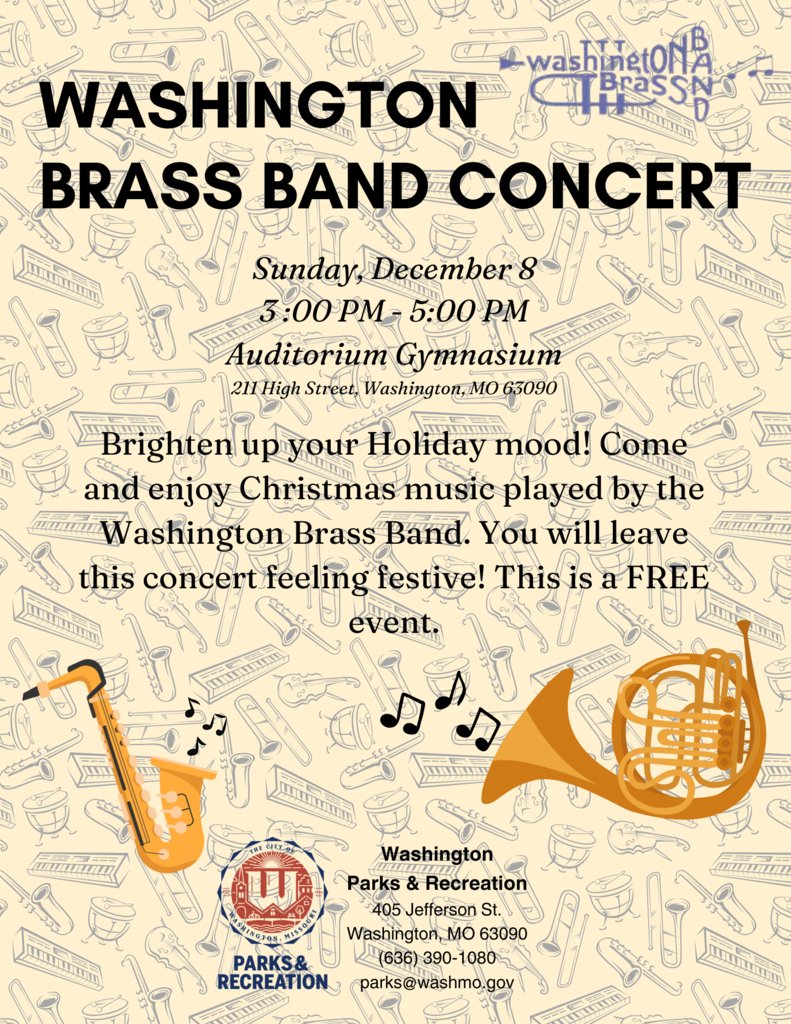 Come to the City Auditorium this Sunday, December 8, to listen to the Brass Band play Christmas music, 3pm to 5pm.  This is a FREE event!!