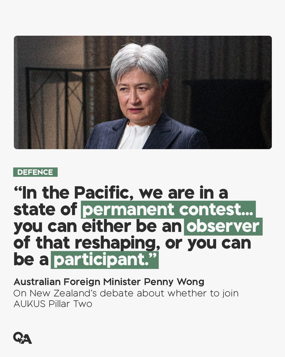 As the Labour Party rules out joining AUKUS Pillar Two, and PM Luxon says it remains a sensitive topic for Beijing, Q+A asks Australian Foreign Affairs Minister Penny Wong what might happen if NZ stays away from the pact completely.

Full interview: youtu.be/t1U1gGfN73o