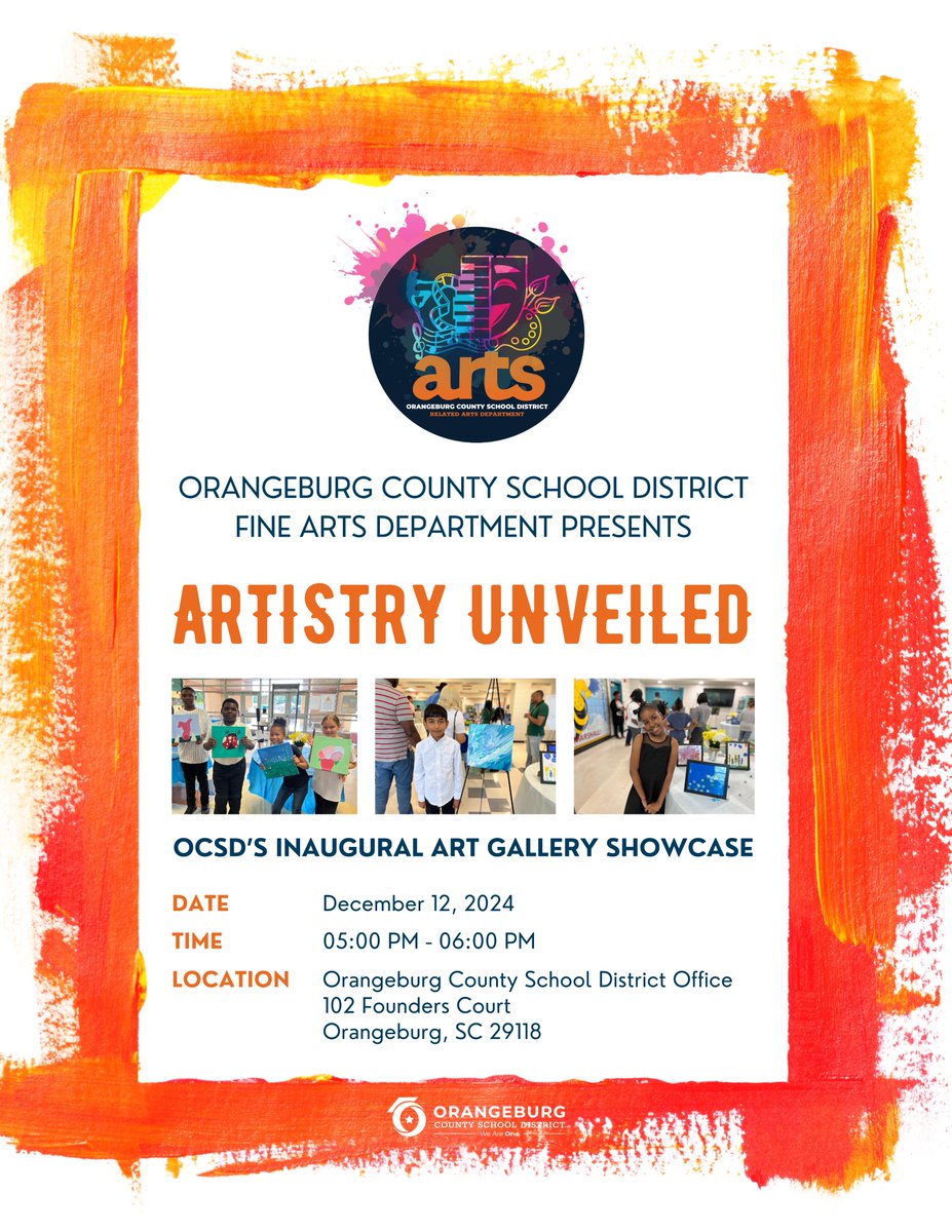 Join us for OCSD Art Gallery Night! 🎨✨ Student artwork from across the district will be displayed at the District Office on December 12th from 5-6 PM. Don’t miss the chance to celebrate creativity! 📍 102 Founders Court, Orangeburg, SC