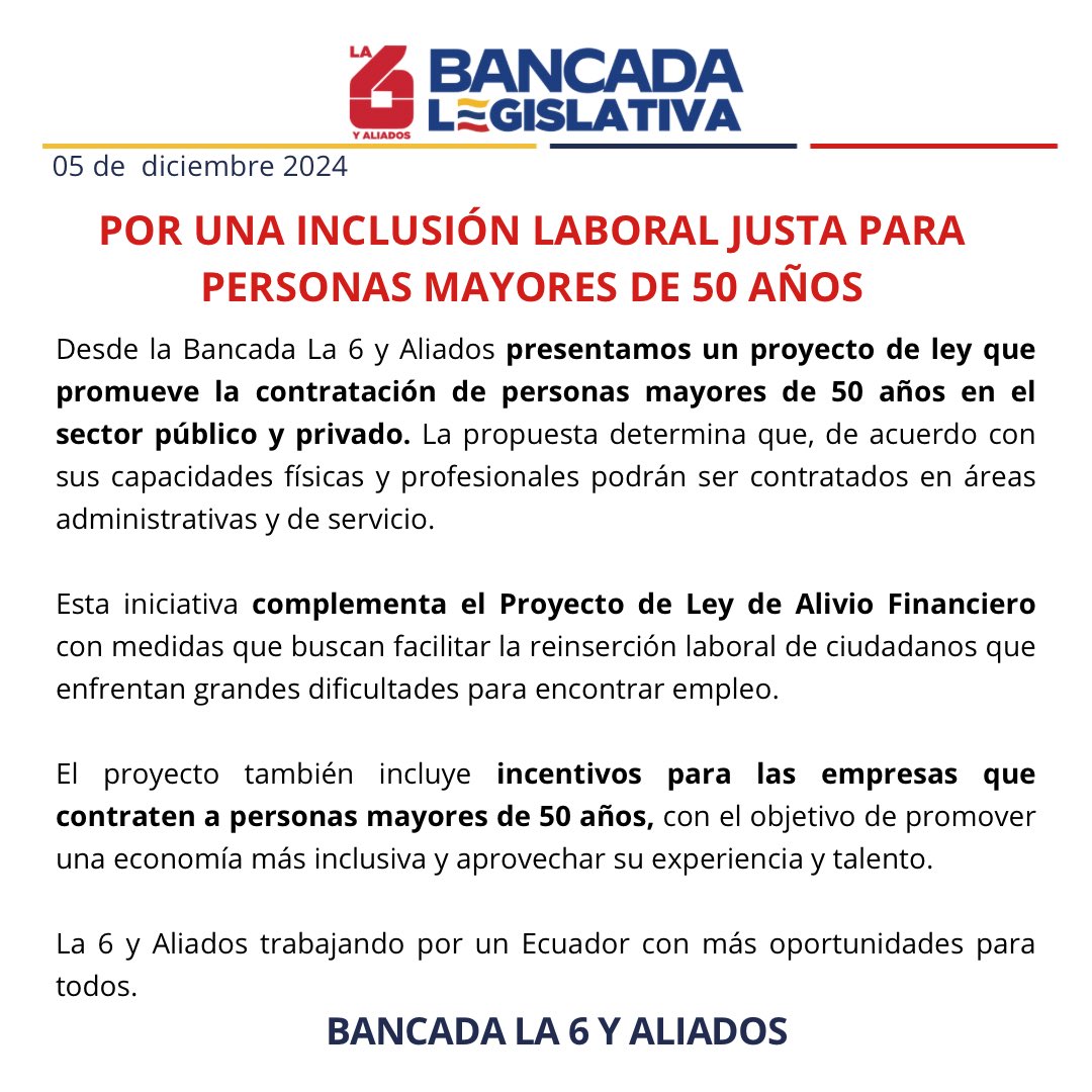 Desde La 6 y Aliados fomentamos la inclusión laboral de personas de 50 años en adelante. 🫱🏼‍🫲🏽

¡Nuestro proyecto de ley para ustedes!