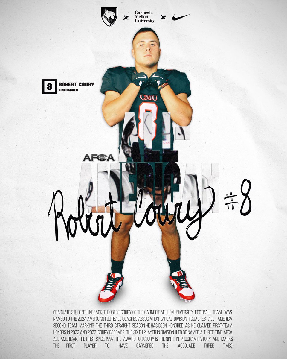Congratulations to Robert Coury (Gr.; Phillipsburg, NJ) on being selected as an <a href="/WeAreAFCA/">AFCA</a> <a href="/NCAADIII/">NCAA Division III</a> All—American for the third straight year! #TartanProud
.
.
#CODE | #BYB | #RDT