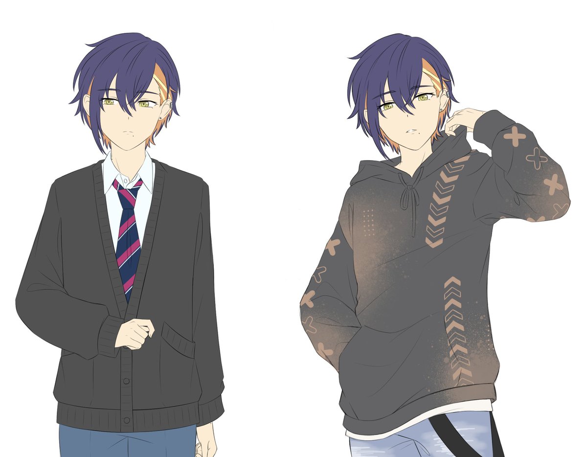 _KazuIsArts's tweet image. Well ok.. I guess we post, hopefully y’all like him! His name is Shinonome Natsuo, my Akitoya fan child✨ the left is school uniform, the right is casual wear, more info about him in the replies!