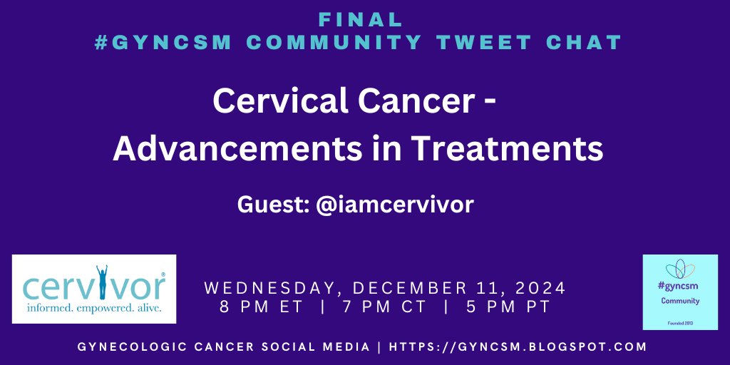 Join us on Wed Dec 11th at 8pmET for our #gyncsm (gynecologic cancer) chat on Cervical Cancer. 

This will be our final #gyncsm community chat.
Hope to see you there. 
gyncsm.blogspot.com/2024/12/final-…