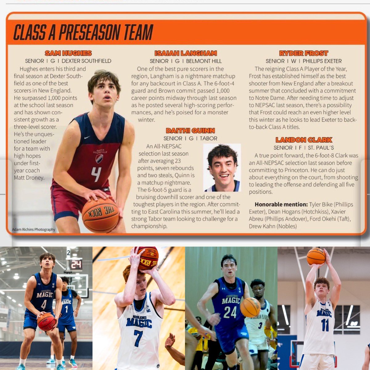 Class A looking Magical!! Congratulations to Sam Hughes, Daithi Quinn, Ryder Frost and Landon Clark on being named to the New England Basketball Journal preseason Class A team! #MagicFamily #BU #ECU #ND Princeton #UnderArmourFamily #UAA