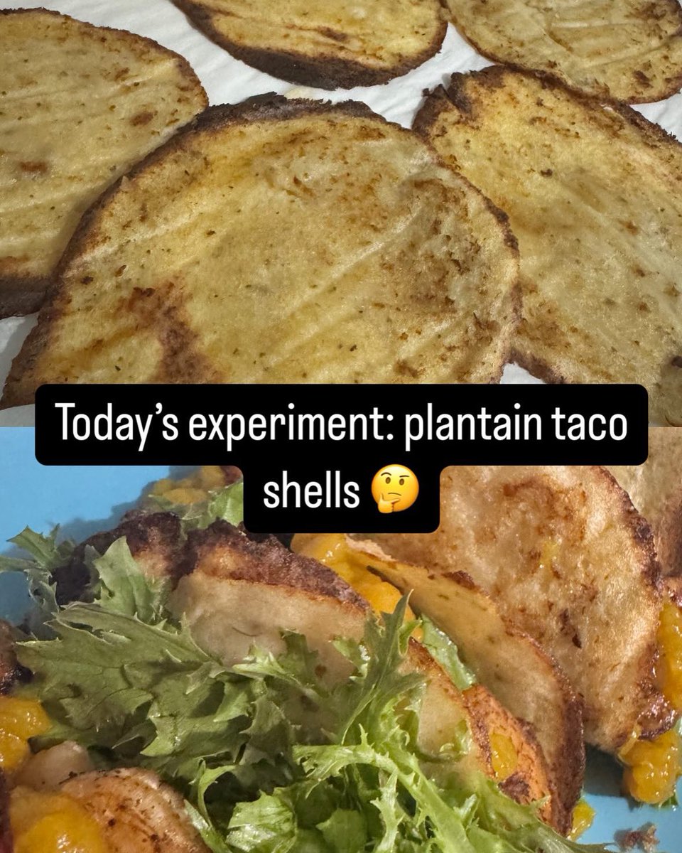 biancawelds's tweet photo. A too soft plantain turned into taco shells, which I then filled with grilled shrimp topped with turmeric ketchup
Tasted decent! Not bad for an experiment 🤔
#PrimalBlueprint #PrimalCooking https://t.co/weS0jIXlOy