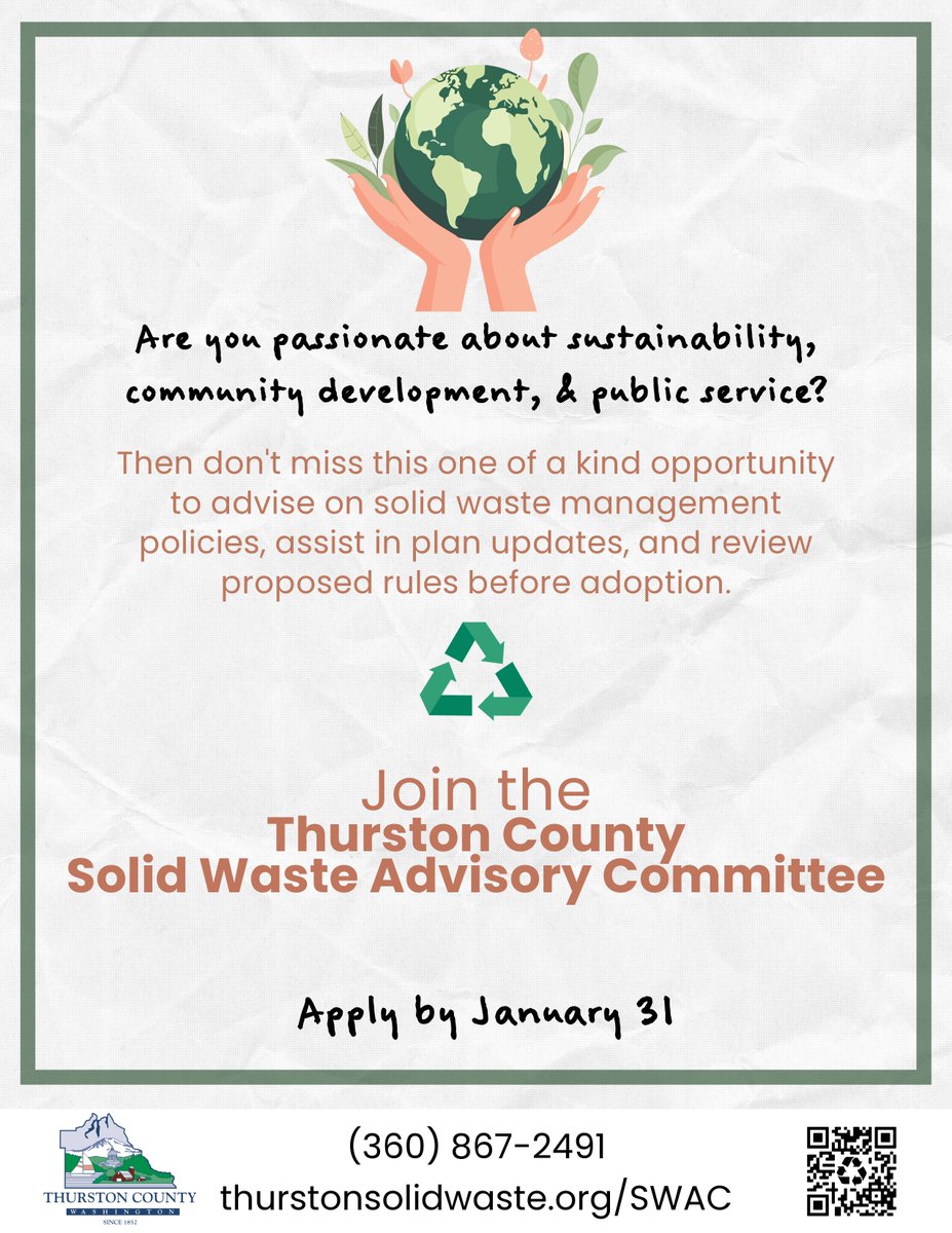 SolidWasteThuCo's tweet photo. 📢 The Thurston County Solid Waste Advisory Committee is recruiting TWO representatives! 
♻️ 
See more details at the link below.
Please submit an application by 5:00 p.m. on Friday, January 31, 2024. 

https://t.co/zWGZQjdeGj https://t.co/OuzVw0iRlv