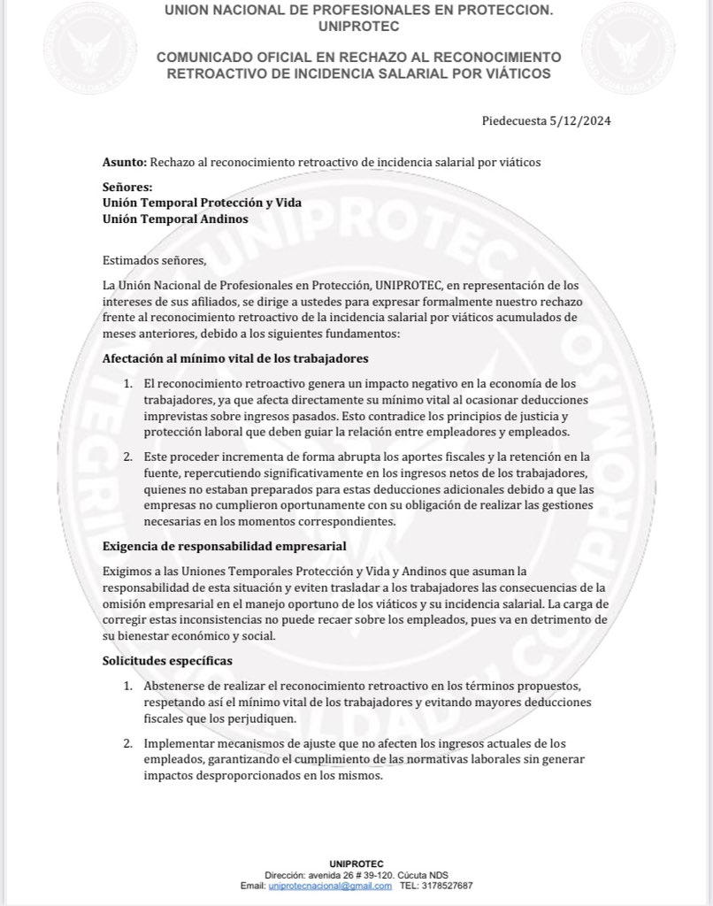 UniprotecNacion's tweet photo. Desde UNIPROTEC manifestamos total Rechazo al reconocimiento retroactivo de incidencia salarial por Viaticos. 
Exigimos a las diferentes UT prescindir de este reconocimiento ya que se ve afectado el mínimo vital para sus trabajadores.

@MintrabajoCol @UNPColombia @PGN_COL https://t.co/2pEATR0qbL