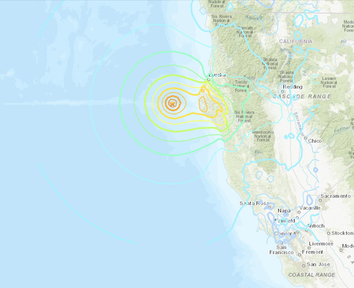 US_Stormwatch's tweet photo. For clarification, today's 7.0 earthquake off the coast of California occurred along the Mendocino Fault Zone, at the triple junction of three tectonic plates: the Pacific, North American, and Juan de Fuca plates. https://t.co/nAyRxXVTE6