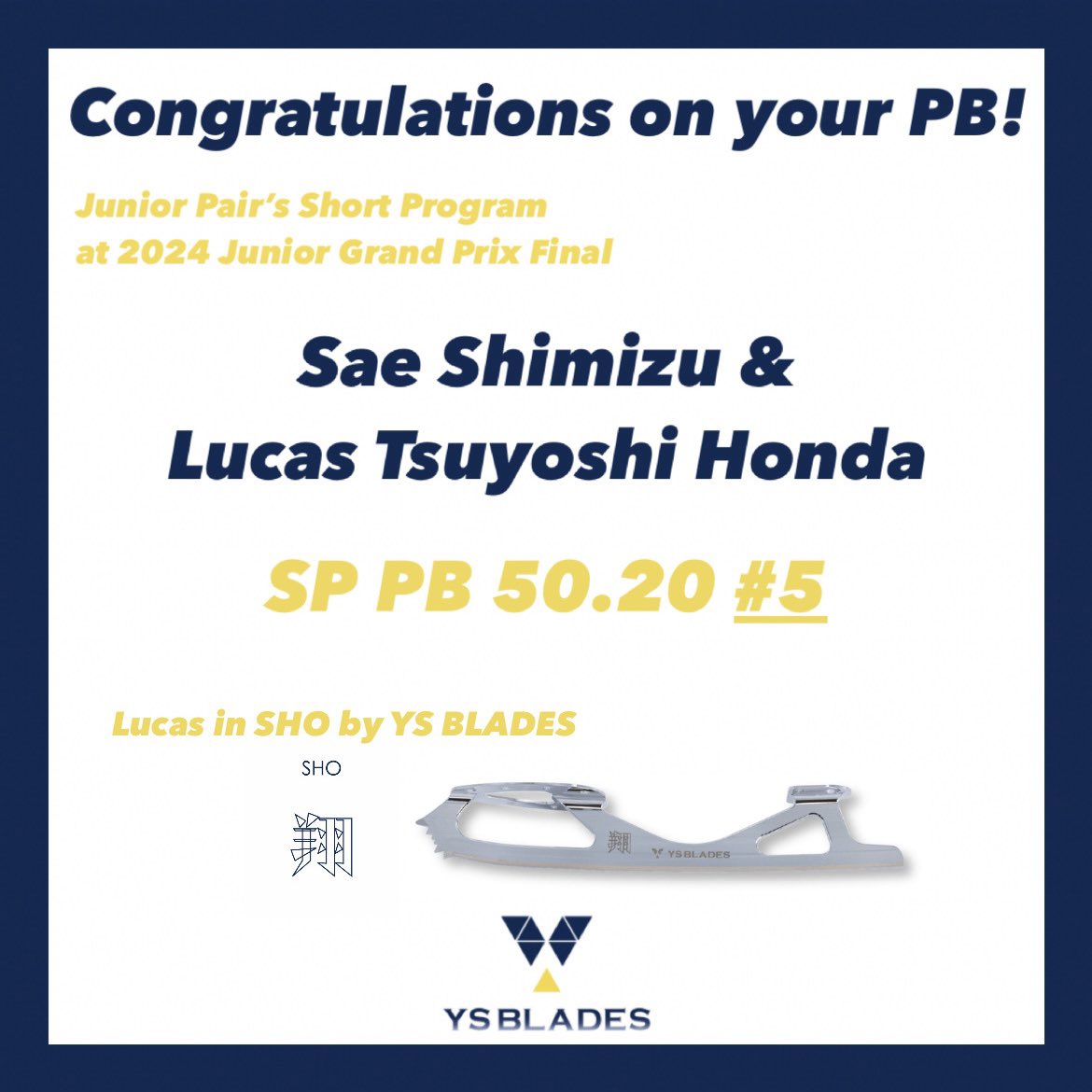 YsBlades_yss's tweet photo. ジュニアグランプリファイナルでは、
#さえルカ ペア（#本田ルーカス剛史 選手がYS BLADES翔ご使用）がパーソナルベストを更新し、ショートプログラムを5位で発進されました！✨
おめでとうございます！
#ysblades #teamYS https://t.co/M50l5kiJDf