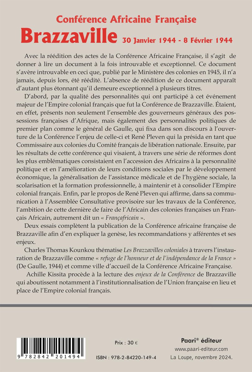 Paarieditions's tweet photo. Conférence Africaine Française
Brazzaville 30 Janvier 1944 - 8 Février 1944
https://t.co/BEo6NOTuew https://t.co/PEjumxPr6P