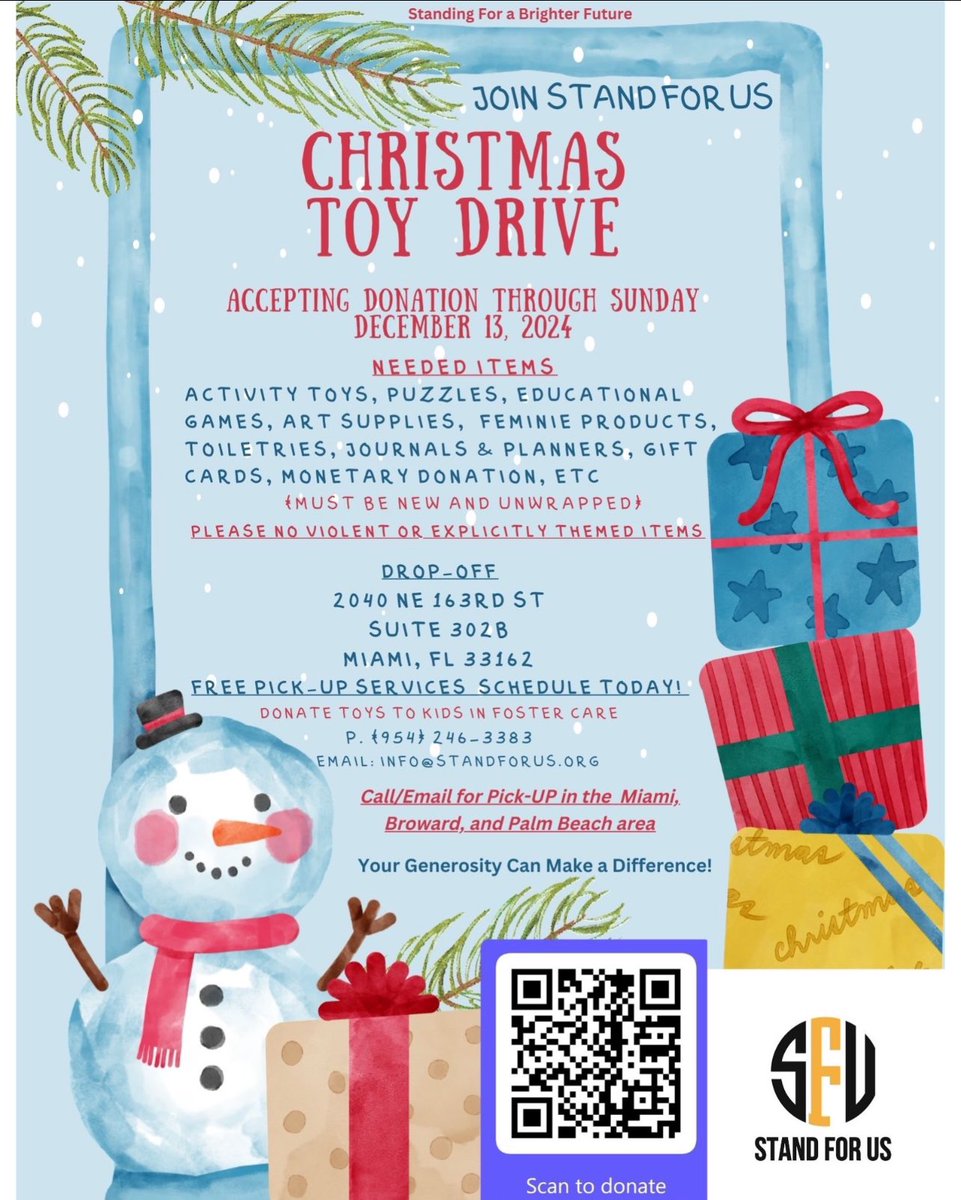 StandForUsCorp's tweet photo. Toy Drive 

Drop off or schedule a pick-up in the Miami, Broward, Palm Beach area.

📞 Phone: (954) 246-3383
📧 Email: info@standforus.org

Every toy brings a smile. Thank you for your generosity and support! Let’s make this holiday season magical together. https://t.co/HXnbT4dvVg